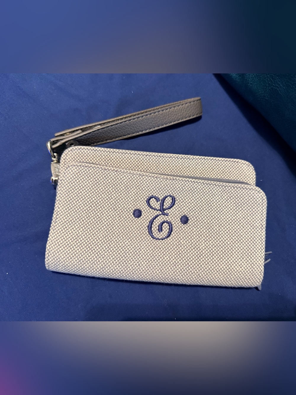 thirty-one Light Gray Wristlet Clutch with Blue Monogram